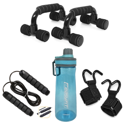 Комплект 1013. StreetSports. Гаки для турніка та тяги EasyFit PowerHooks (пара) + Упори для віджимань EasyFit PushMax + Скакалка з обважнювачем EasyFit + Пляшка для води EasyFit CHFe 1000 мл синя або зелена