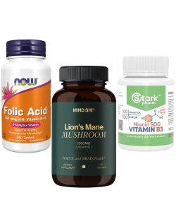 Комплект 2002. Сталеві нерви.  Lion's Mane Mushroom 1000 mg - 60 vegcaps + Stark Niacin Vitamin B3 with Flush 500mg - 100 tabs + Folic Acid 800mcg - 250 tabs