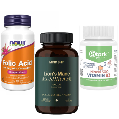 Комплект 2002. Сталеві нерви.  Lion's Mane Mushroom 1000 mg - 60 vegcaps + Stark Niacin Vitamin B3 with Flush 500mg - 100 tabs + Folic Acid 800mcg - 250 tabs
