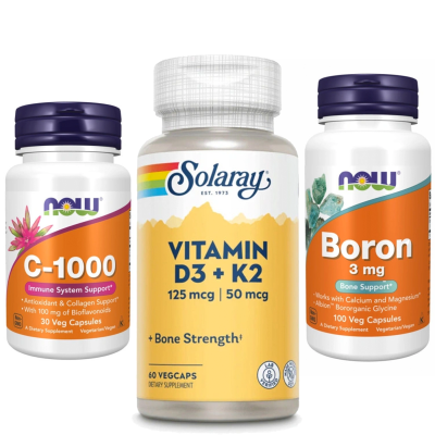 Комплект 2003. Міцні кістки. Vitamin D-3 & K-2 - 60 vcaps + Boron 3mg - 100 vcaps + Vitamin C-1000 - 30 vcaps