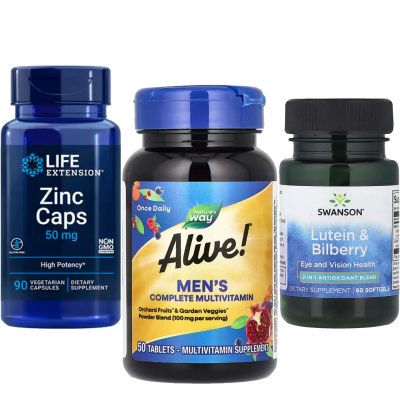 Комплект 2006. Соколиний зір. Men's Complete Multivitamin - 50 tabs + Zinc Caps 50mg - 90 veg caps + Lutein & Bilberry - 60 softgels