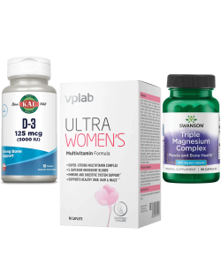 Комплект 2008. Жіноче здоров'я. Ultra Women Multivitamin Formula - 90 caps + D3 125mcg - 60 tabs + Triple Magnesium Complex 400mg - 30caps